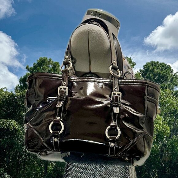 COACH East West Gallery Tote Patent Leather Brown Silver 10380 Clip Closure Tag - Picture 2 of 16